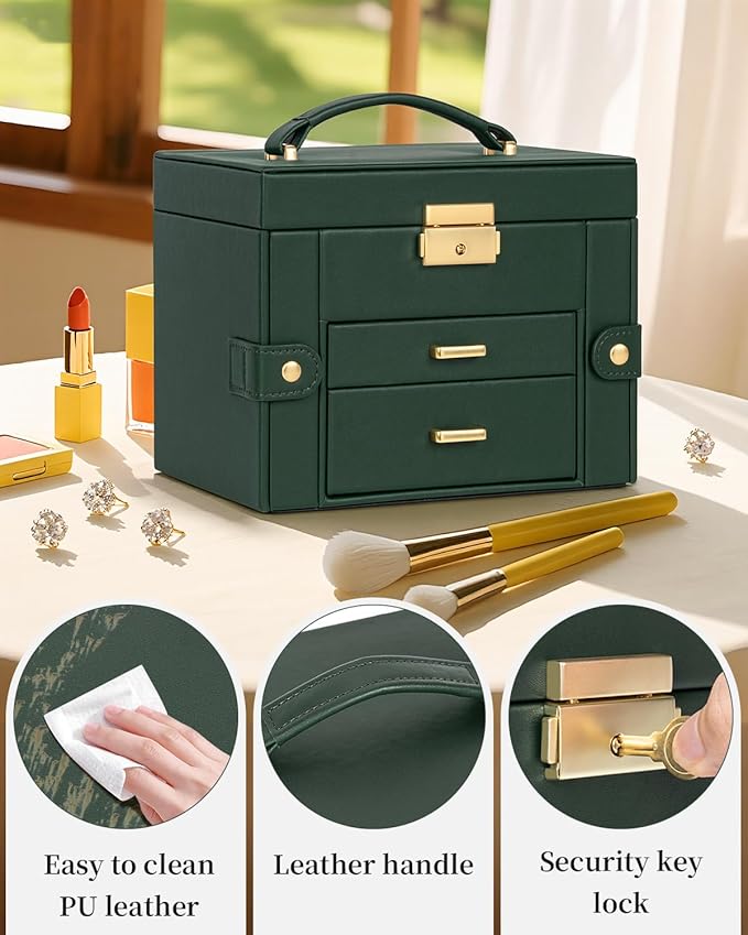 TORIBIO Jewelry Box for Women, Leather Jewelry Organizer with Mirror & Lock, 3-Tier Jewelry Storage Organizer with 2 Drawers for Girls/Women/Mothers, Necklace Earring Bracelets Holder Organizer