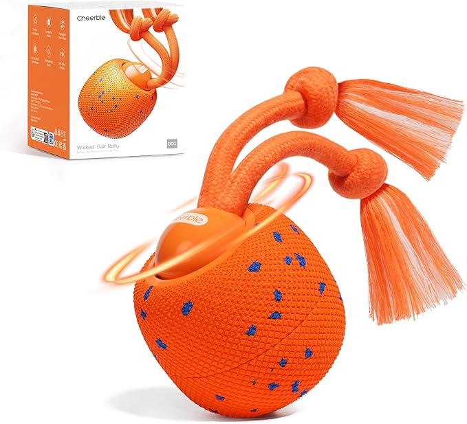 Cheerble Smart Interactive Dog Toy, Wicked Ball Rolly, Automatic Moving, Bouncing, Rotating, E-TPU Material, with Rope & Barks Sound Active Rolling Interactive Dog Ball for Medium and Large Dogs