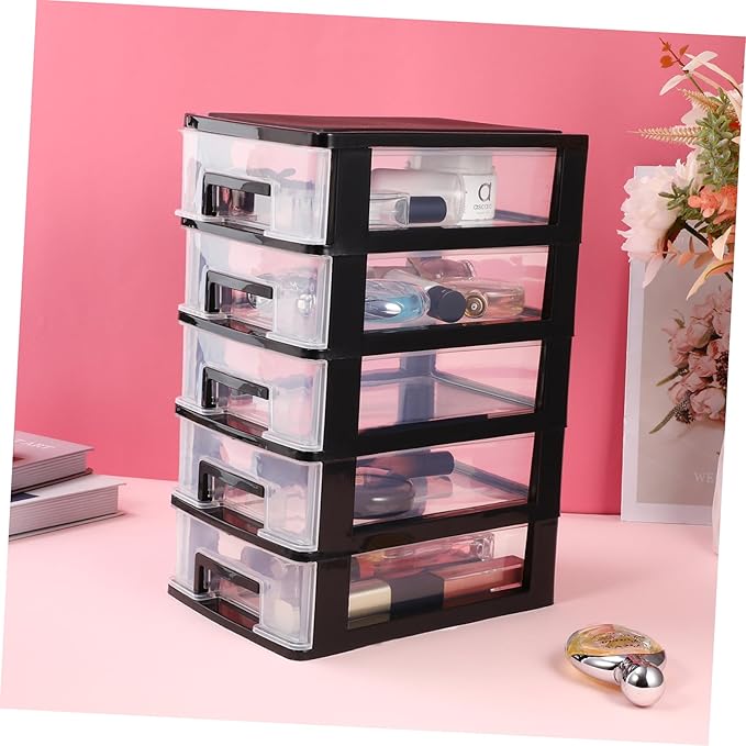 SAFIGLE Drawer Storage Cabinet：5 Clear Plastic Drawers Organizer for Home Office Vertical Design Storage Bin for Sundries Crafts and Stationery Black
