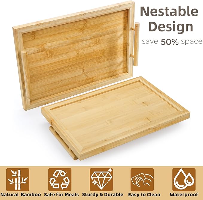 2 Pack Bamboo Serving Tray with Handles, Decorative Rectangular Food Platter, Wooden Potable Bed Tray for Entertaining, Kitchen Counter, Party Display, Living Room, Breakfast Dinner Eating