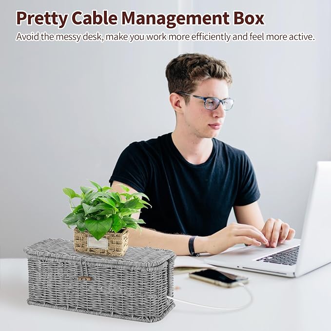 Cable Management Box, Woven Rattan Cord Hider With Lid & Button Lock, Floor Cord Holder for Power Strip USB Hub, Boho Desk Wicker Wires Storage Cable Organizer Box(grey)