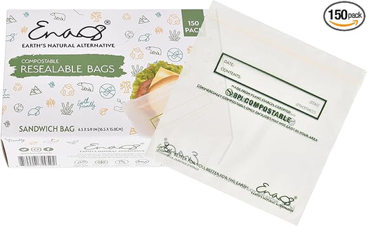 100% Compostable Food Storage Bags [Sandwich 150 Pack] Eco-Friendly Freezer Bags, Resealable Bags, Heavy-Duty, Reusable, by Earth's Natural Alternative, off white