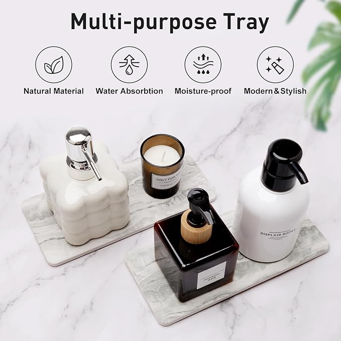 4 Pcs Water Absorbing Stone Trays for Bathroom Sink Instant Drying Mats for Kitchen Counter Dish Trays Decor Hand Soap Dispenser Caddy Sponge Holder Marble Diatomite Coaster Small Vanity Bathroom Tray