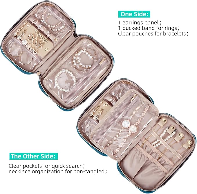 NISHEL Travel Jewelry Case, Holiday Organizer for Necklaces, Earrings, Rings, Bracelets, Watch, Lake-Blue