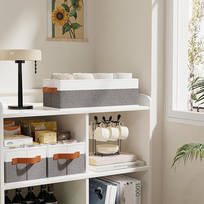 Collapsible Storage Bins 5-Pack, Foldable Baskets for Organizing, Clothes Boxes with Handles, Fabric Cubes Containers, White and Gray, 15 x 6 x 5 Inch
