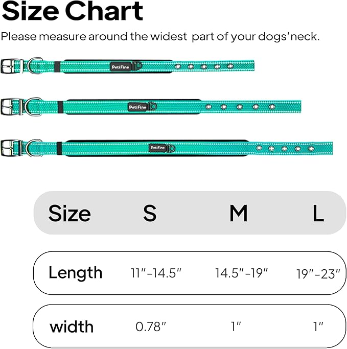 PetiFine Dog Collar for Large Dogs, Neoprene Padded and Adjustable, Reflective Wide Heavy Duty Pet Collars with Durable Metal Belt Buckle for Walking, Teal, L