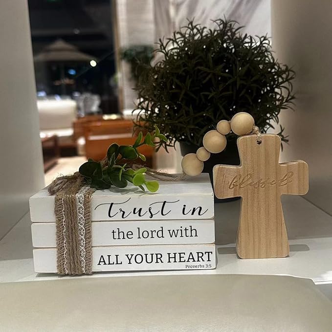 Mini Bible Scripture Book Stack, Farmhouse Christian Tiered Tray, Rustic Wooden Bead Tassels and Cross for Housewarming Gift (daztbible07)