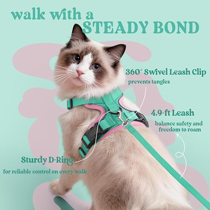 rabbitgoo Cat Harness and Leash for Walking, Escape Proof Soft Adjustable Vest Harnesses for Cats, Easy Control Breathable Reflective Strips Jacket, Green&Pink, M