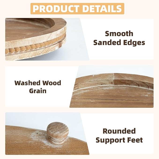 2 Piece Oval Torched Wooden Serving Tray Set with Beaded Design, Centerpiece Table Decorations Tray for Living Room Ottoman, Coffee Table Tray for Farmhouse Home Decor