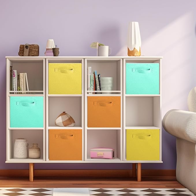 ShellKingdom Storage Bins, Foldable Fabric Storage Cubes and Cloth Storage Organizer Drawer for Closet and Toys Storage, 6 Pack (Mint Green+Orange+Yellow)