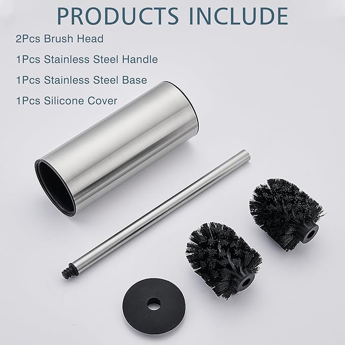 FORIOUS Toilet Brush and Holder Set Brushed Nickel, Heavy Duty 304 Stainless Steel Base and Long Handle Toilet Bowl Cleaners Brush, for Bathroom Storage and Organization, 2 Brush Head