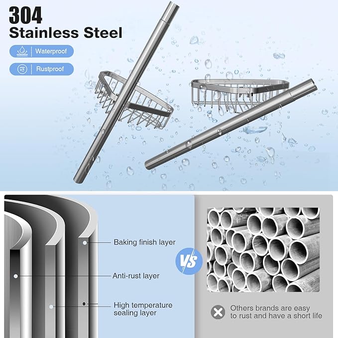 Corner Shower Caddy Tension Pole: Adjustable Rustproof 4-Tier Inside Bathroom Organizer - 47-121 inch Quick Installation Bathtub Shelves for Shampoo Storage - Rod Floor Standing Bath Rack