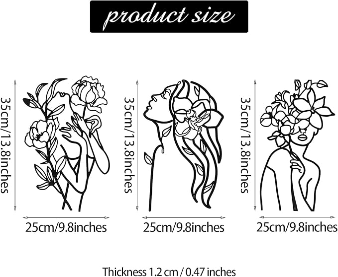 Photect 3 Pcs Metal Wall Art Decor Minimalist Abstract Woman Wall Art Metal Modern Line Drawing Decor Female Single Line Home Hanging for Bedroom Bathroom Living Room Christmas Housewarming(Elegant)