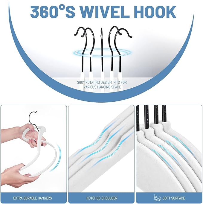 HOUSE DAY White Velvet Hangers 60 Pack, Non Slip Felt Hanger, Slim Velvet Clothes Hangers for Suits, Shirt, Heavy Duty Coat Hanger for Closet