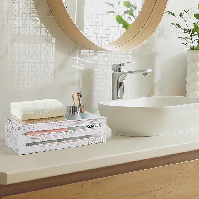 LotFancy Bathroom Decor Box, 2 Pack Wooden Toilet Paper Holder, White Toilet Storage Basket for Back of Toilet, Farmhouse Toilet Tank Topper