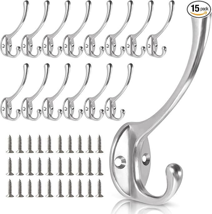 Wall Hooks for Hanging, 15-Pack Heavy Duty Metal Coat Hooks, for Living Room, Bathroom, Kitchen, Bedroom for Towel, Hat, Key, Closet, Bag (Silver)