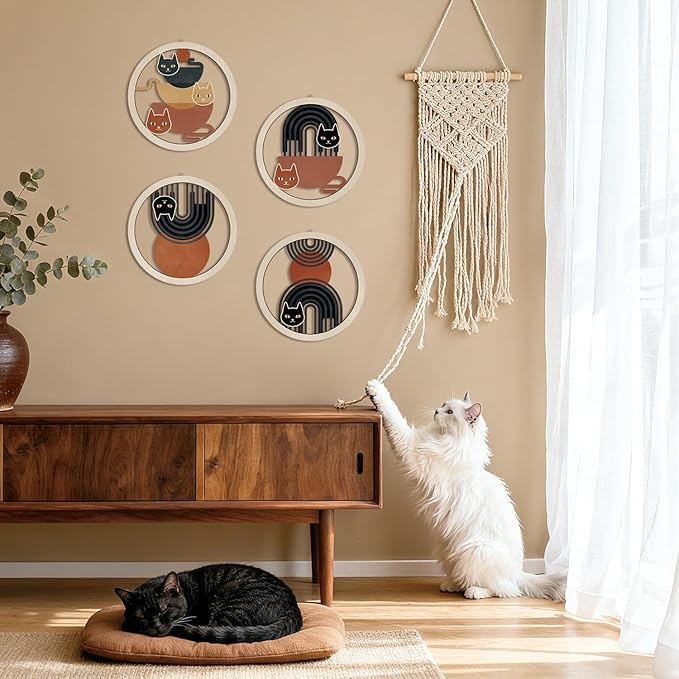 HPNIUB Boho Black Cat Wall Decor, Farmhouse line Geometric Coffee Tea Hanging Wooden Wall Art, 4 Pieces 10''x10'' Mid Century Abstract Sun Wood Sign for Nursery Bedroom Decoration, Lovely Cat Gifts