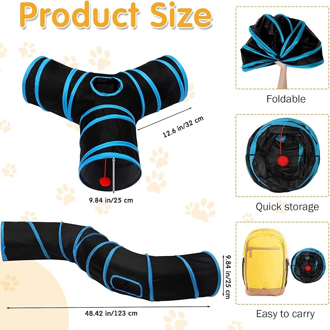 Poen 22pcs Cat Kitten Toys Set with 2 Collapsible Cat Tunnel and 20 Interactive Kitty Feather Toy, Fluffy Mouse, Crinkle Balls, for Kitten Puppy(Blue, Black)