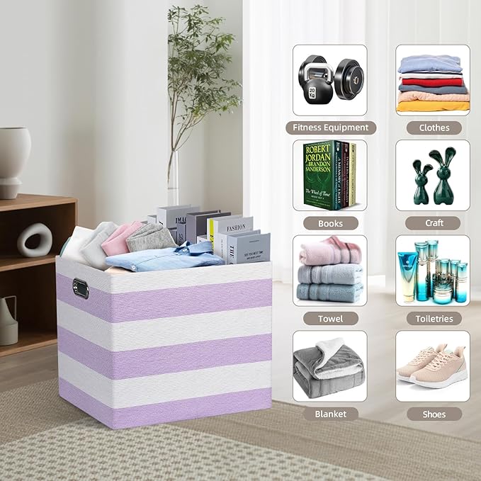 13x15x13 Storage Cube Bins, Foldable Storage Cubes, Fabric Organizer Basket Bin, Striped Containers Decorative Storage Boxes for Shelves Wardrobe Closet Home Office, 4 Pack, Purple/White