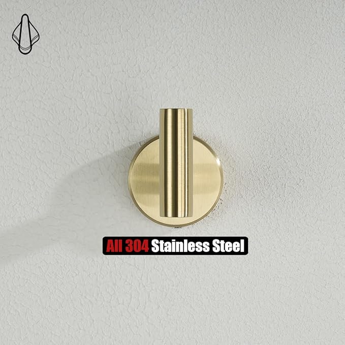 JQK Bathroom Towel Hook Brushed Gold, Brass Coat Robe Clothes Hook for Bathroom Kitchen Garage Wall Mounted (Pack of 2), SUS 304 Stainless Steel 0.8mm, TH100-BG-P2