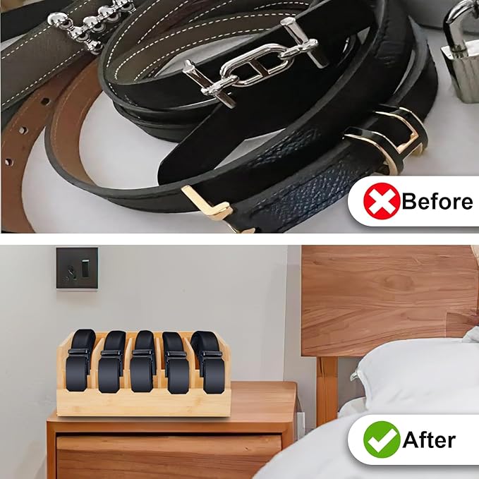 GTI Belt Organizer, 5 Compartments Belt Organizer for Closet and Drawer, Bamboo Display Case for Tie and Belt, Belt Storage Organizer for Men Women (Wooden)