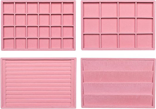 Frebeauty Stackable Velvet Jewelry Organizer Trays for Drawers Inserts Jewelry Storage Tray Display Case, Stud Earrings Bracelets Necklace Rings Accessories Trays for Women(Set of 4)(Pink)