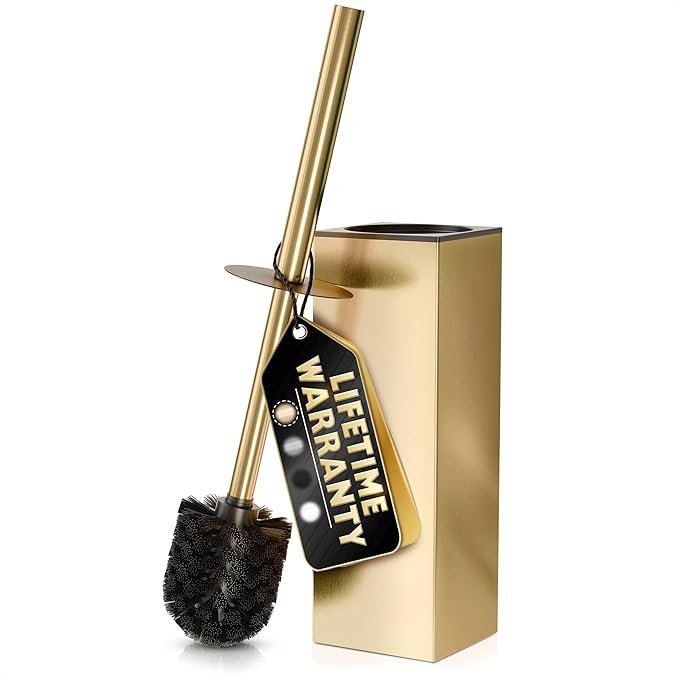 Stainless Steel Toilet Brush and Holder Set Gold & Square Design - Corrosion and Scratch-Resistant Gold Toilet Brush and Holder Set with Splash Protection - for Deep & Effective Bathroom Cleaning
