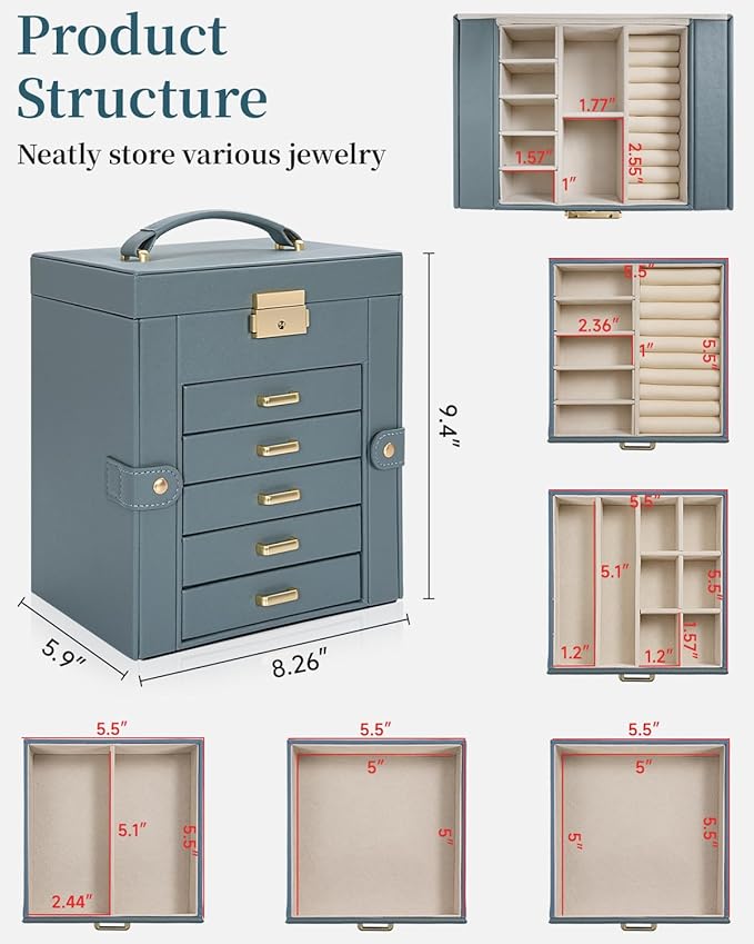 TORIBIO Large Jewelry Box for Women, Leather Jewelry Organizer with Mirror & Lock, 6-Tier Jewelry Storage Case for Girls/Women/Mothers, Necklace Earring Bracelets Holder Organizer, Grey Blue