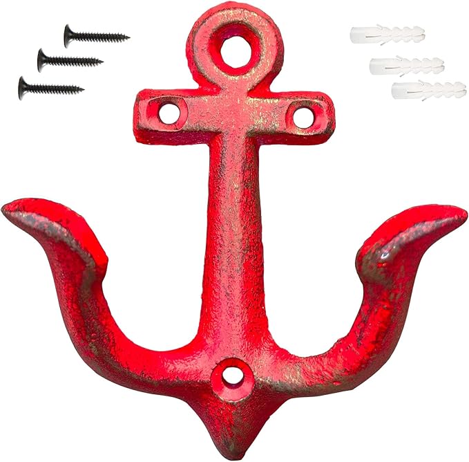 KiaoTime RED Vintage Rustic Cast Iron Nautical Anchor Design Wall Hooks Coat Hooks Rack, Decorative Wall Mounted Antique Shabby Chic Metal Home Bath Room Towel Coat Hooks Hanger