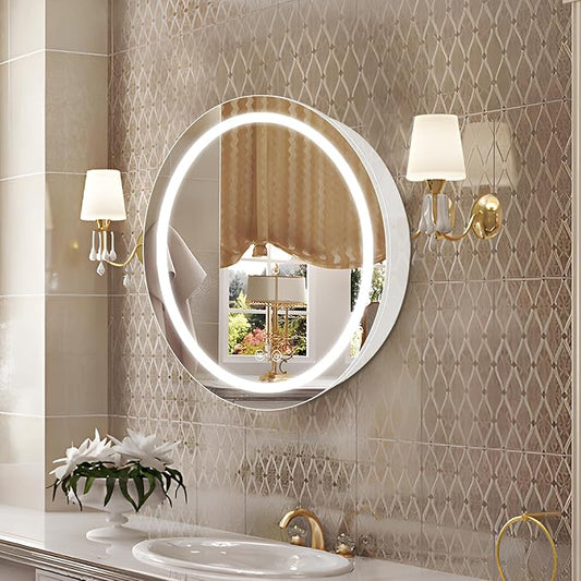 24inch Round Medicine Cabinet with Lights,Led Medicine Cabinet with Defogger,Illuminated Mirror Cabinet for Bathroom,Dimmable,Anti-Fog,3 Colors,Surface Mount Only,White