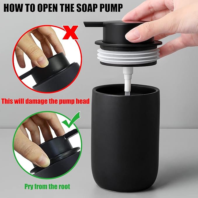 Hand Soap Dispenser for Bathroom Decro, Ceramic Liquid Pump Bottles Refillable Dish Dispenser for Kitchen Farmhouse Colleage Dorm, Matte Black 2 Pack