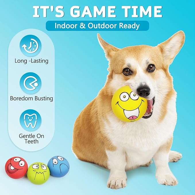 4 Pack 2.8" Smiley Face Squeaky Dog Toys Soft Dog Balls Latex Rubber Squeak Dog Toys for Small Medium Puppy Pet Dogs (Flat Ball)