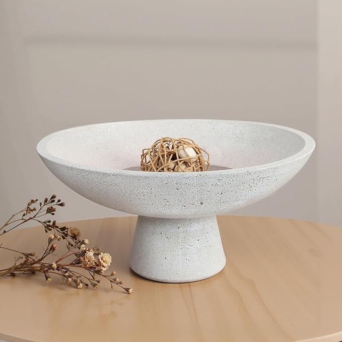 Large Decorative Fruit Bowl - Modern Handcrafted Resin Pedestal Bowl for Kitchen Counter, Entryway Key Holder & Table Centerpiece, Off-White Travertine Stone Bowl