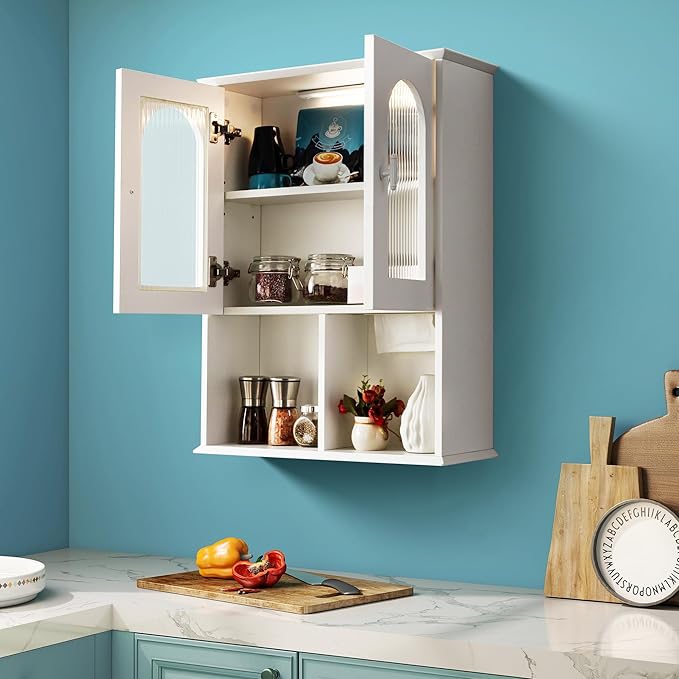 Bathroom Wall Cabinet with Lighting & Tissue Hole, Wall Mounted Glass Door Medicine Cabinet Over Toilet Storage for Laundry Room Kitchen