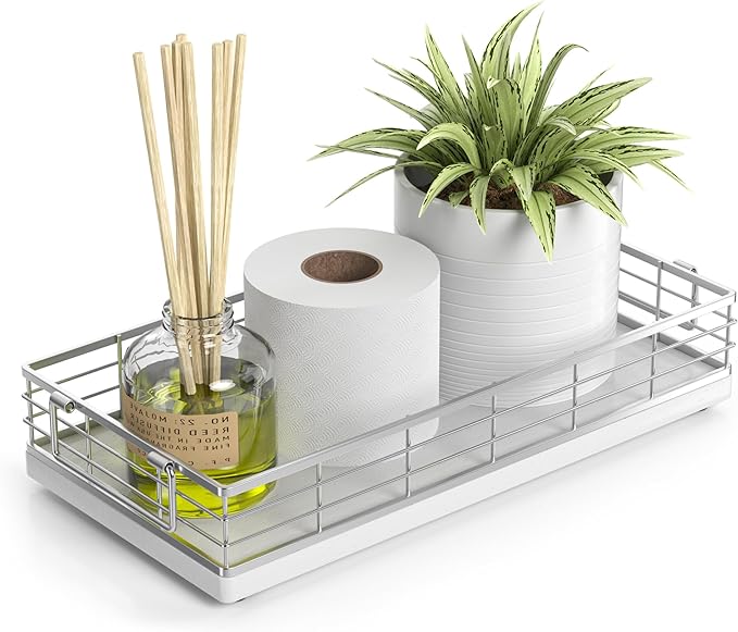 Toilet Paper Basket, 13 Inch Oak and Iron Bathroom Tank Tray Top of Toilet Storage Toiletries Organizer for Bathroom, Living Room and Kitchen (White)