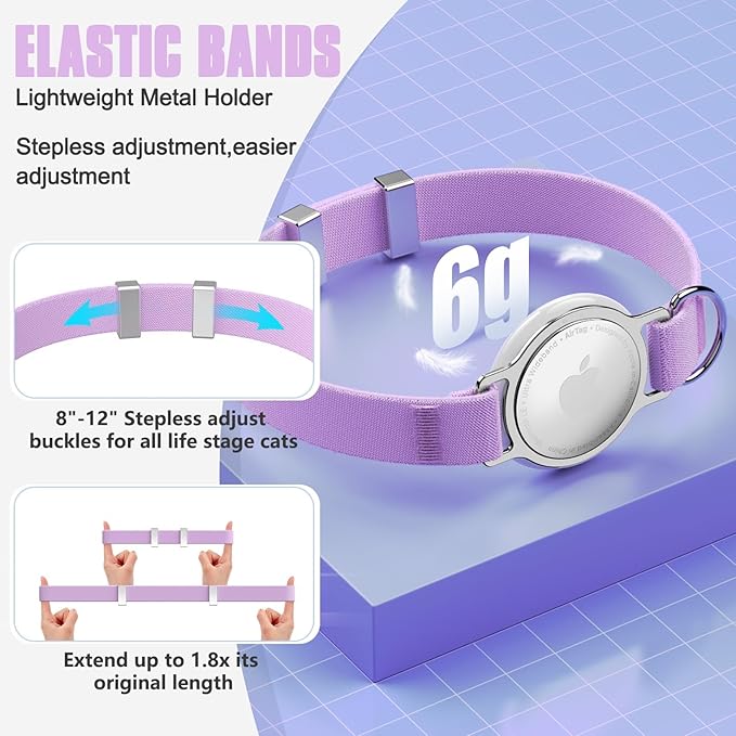 AirTag Cat Collar, Ultra Elastic Cat Tracker Collar, Airtag Holder Compatible with Apple Air Tag, [Lightweight & Scratch Resistant] Adjustable Stepless GPS Pet Collar for Cats Kittens, Purple
