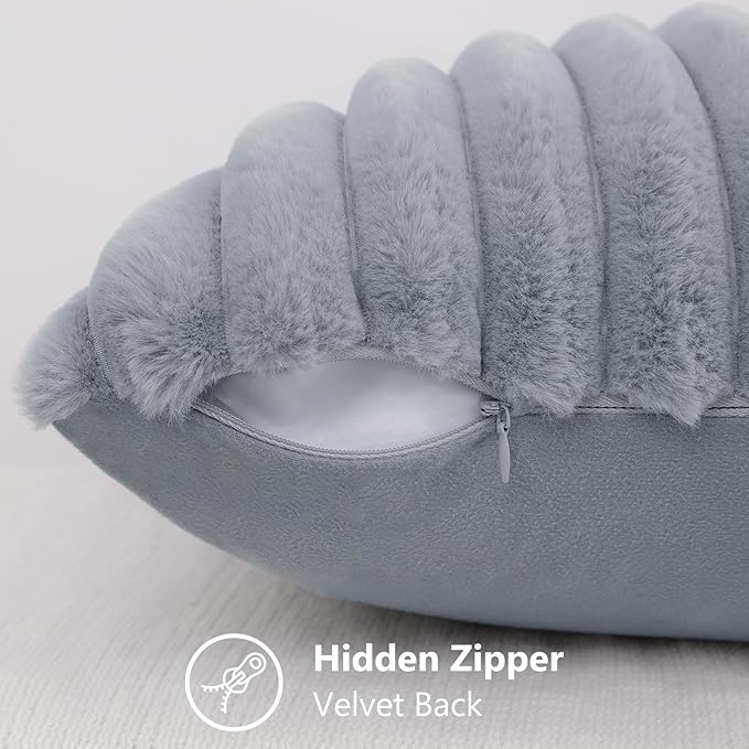 decorUhome Faux Fur Spring Throw Pillow Covers 26x26 Set of 2, Decorative Soft Plush Striped Neutral Couch Euro Sham Pillow Covers with Velvet Back for Sofa, Bed, Living Room Home, Grey