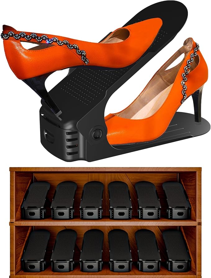 Shoe Slots Organizer, 12PCS Adjustable Double Layer Stack Shoe Rack, 50% Space-Saving Storage Rack Holder, Black