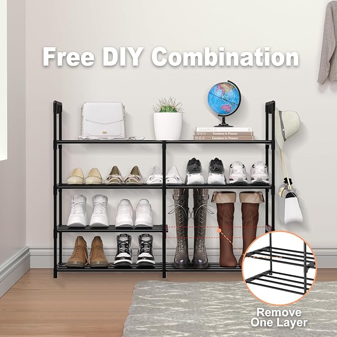 2 Rows 4 Tier Shoe Rack, Black Metal Stackable Shoe Shelf with Multifunctional Hooks, Hold 16-20 Pairs, Space Saving Shoe Organizer for Closet, Bedroom