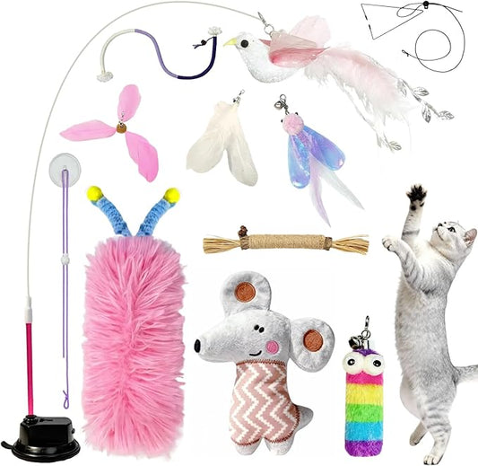 7-in-1 Kitten Toys for Indoor Cats with Washable Adhesive Suction Cup, Hanging Interactive Cat Toys, Silvervine Stick and Sisal Chew Rope Catnip Teething Toy for Bored Kitten (Pink)