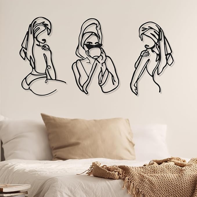 Photect 3 Pcs Metal Wall Art Decor Minimalist Abstract Woman Wall Art Metal Modern Line Drawing Decor Female Single Line Home Hanging for Bedroom Bathroom Living Room Christmas Housewarming(Romantic)