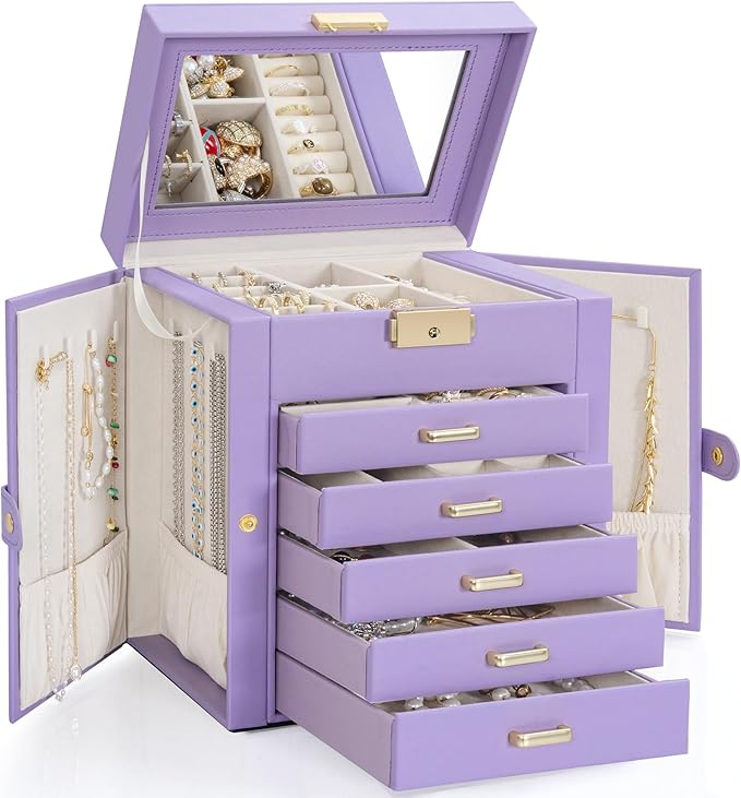 TORIBIO Large Jewelry Box for Women, Leather Jewelry Organizer with Mirror & Lock, 6-Tier Jewelry Storage Case for Girls/Women/Mothers, Necklace Earring Bracelets Holder Organizer