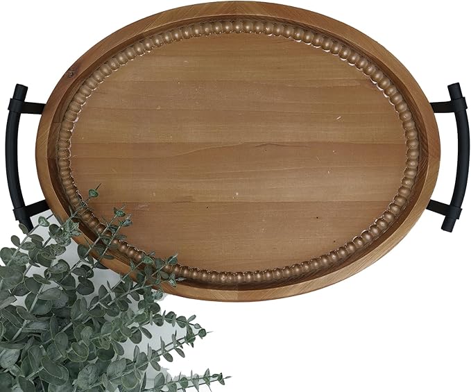 Oval Rustic Wooden Decorative Tray, Serving Tray with Metal Handles, Ottoman Coffee Table Tray, Farmhouse Centerpiece for Kitchen or Living Room (Brown)