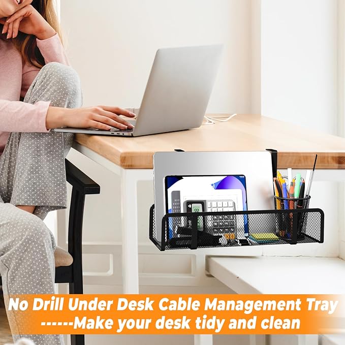 Under Desk Cable Management Tray, Wire Management Cable Organizer Box, Cord Organizer Storage Cable Raceways for Office, Home - No Damage to Desk, No Drill