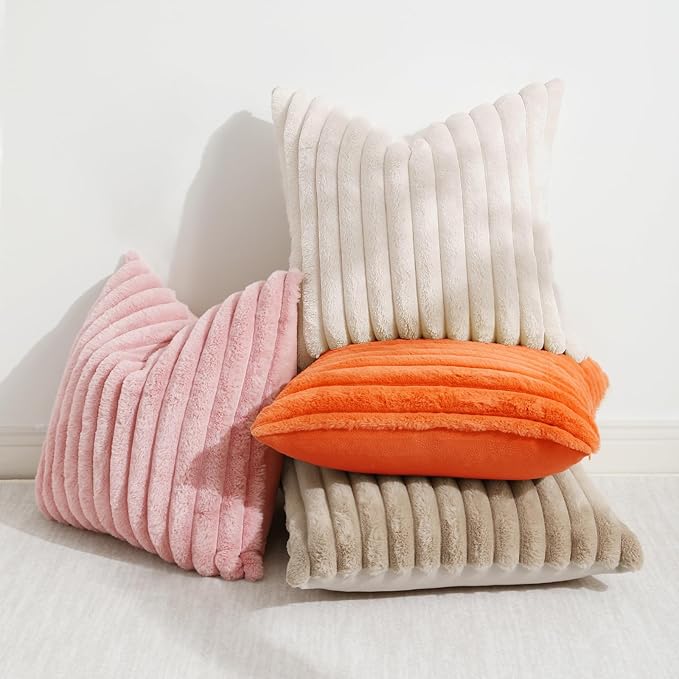 decorUhome Faux Fur Spring Throw Pillow Covers 16x16 Set of 2, Decorative Soft Plush Striped Neutral Couch Pillow Covers with Velvet Back for Sofa, Bed, Living Room Home, Orange