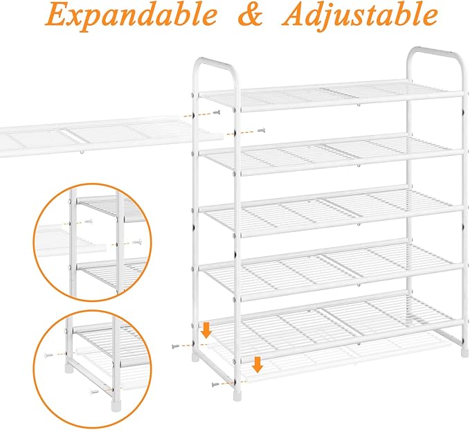 Simple Trending 5-Tier Stackable Shoe Rack, Expandable & Adjustable Shoe Organizer Storage Shelf, Wire Grid, White