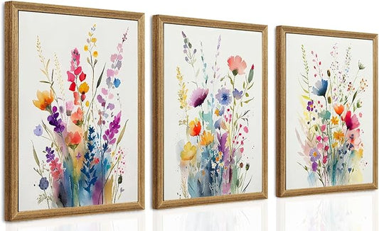 arfitest Colorful Wildflower Canvas Wall Art Frame Set of 3 Pieces Watercolor Plants Flower Painting Picture Wall Decoration Modern Painting Flower Poster Printed Artwork Bedroom Living Room Gallery Home Decor 12x16 Inch