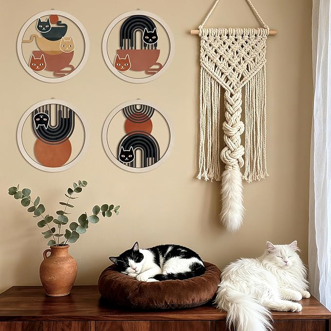 HPNIUB Boho Black Cat Wall Decor, Farmhouse line Geometric Coffee Tea Hanging Wooden Wall Art, 4 Pieces 10''x10'' Mid Century Abstract Sun Wood Sign for Nursery Bedroom Decoration, Lovely Cat Gifts