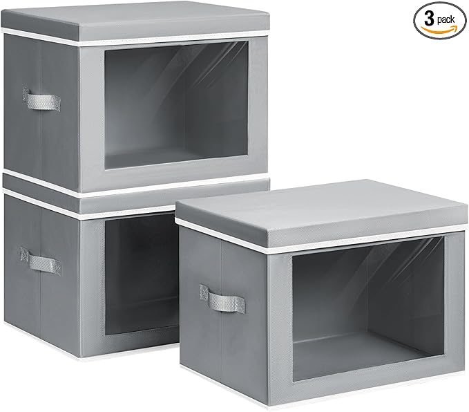 Large Storage Baskets Bins with Lids - Stackable Cube Bins for Closet, 3 Pack Grey Windows Organizer Bins, Home Organizers and Storage for Clothes, CD, Towels