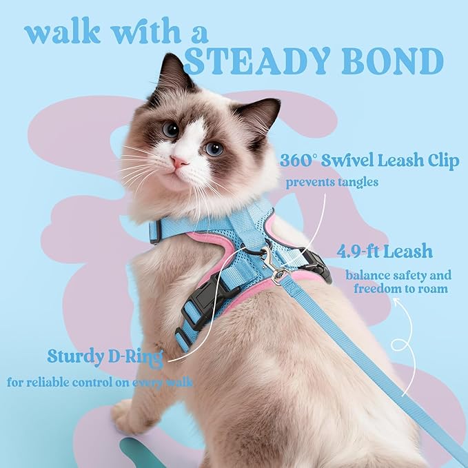 rabbitgoo Cat Harness and Leash for Walking, Escape Proof Soft Adjustable Vest Harnesses for Cats, Easy Control Breathable Reflective Strips Jacket, Light Blue&Pink, M